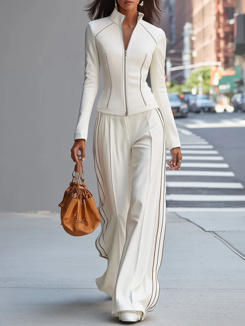 Conjunto Blanco de Cuello Alto con Cremallera y Pantalones de Pierna Ancha