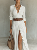 Vestido Maxi Largo con Cuello Solapa y Mangas Largas