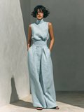 Maria - Conjunto minimalista de camiseta y pantalón ancho de algodón y lino para mujer