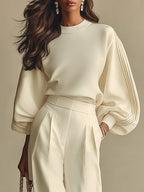 Conjunto de Top de Cuello Redondo Acanalado Marfil y Pantalones de Pierna Ancha de Talle Alto