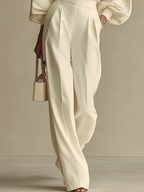 Conjunto de Top de Cuello Redondo Acanalado Marfil y Pantalones de Pierna Ancha de Talle Alto