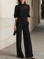 Conjunto Negro de Tres Piezas con Top Camisola Transparente y Pantalones de Pierna Ancha