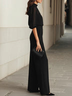 Valentina • Set de tres piezas negro: top camisola transparente y pantalones de pierna ancha