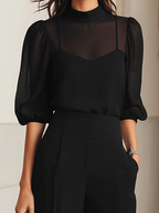 Valentina • Set de tres piezas negro: top camisola transparente y pantalones de pierna ancha